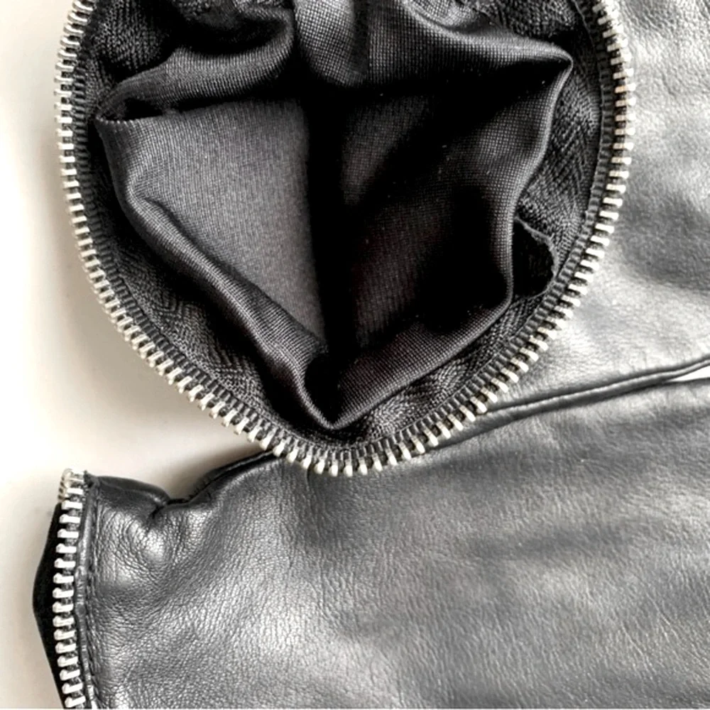 Black Leather Zipper Rosette Embellished Gloves